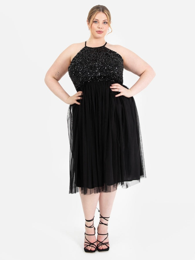Maya Black Embellished Halter Neck Midi Dress