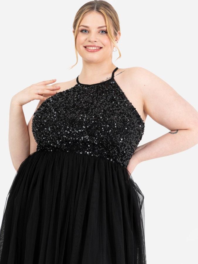 Maya Black Embellished Halter Neck Midi Dress