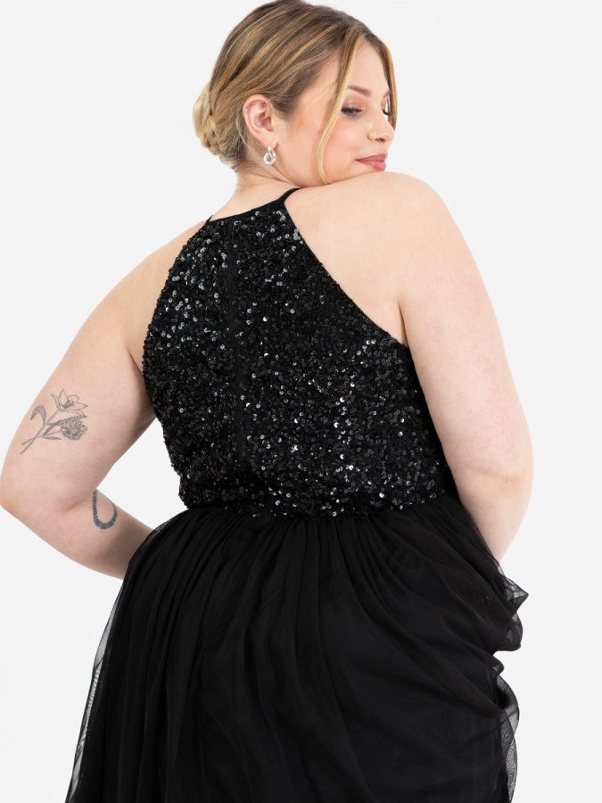 Maya Black Embellished Halter Neck Midi Dress