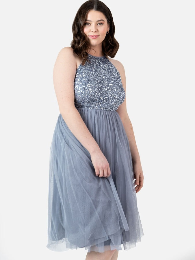 Maya Blue Embellished Halter Neck Midi Dress