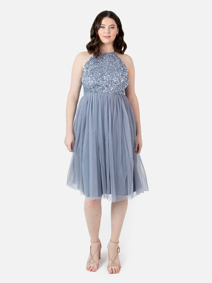 Maya Blue Embellished Halter Neck Midi Dress