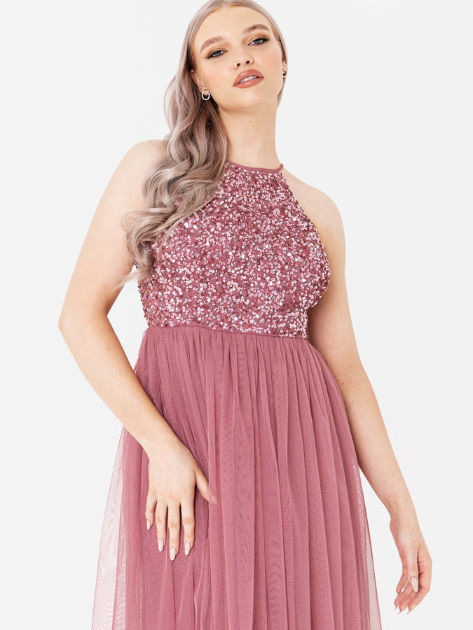 Maya Desert Rose Embellished Halter Neck Midi Dress