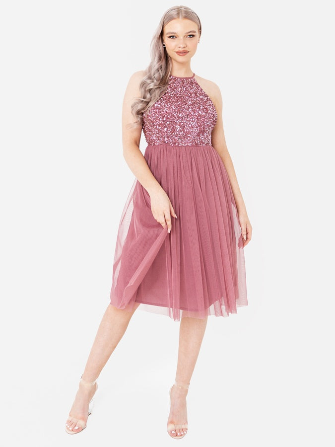 Maya Desert Rose Embellished Halter Neck Midi Dress