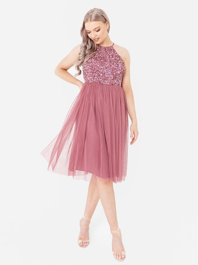 Maya Desert Rose Embellished Halter Neck Midi Dress