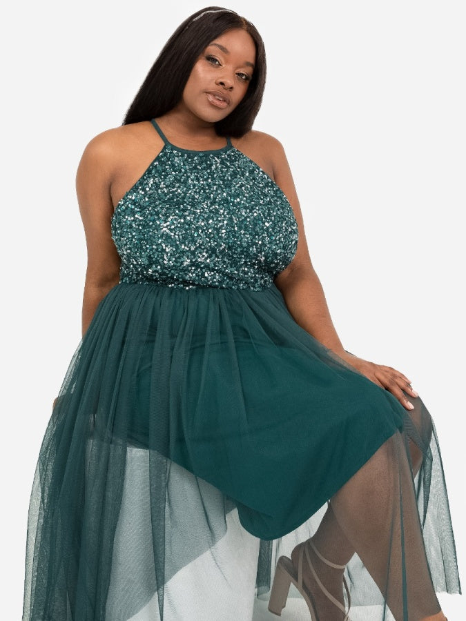 Maya Emerald Green Embellished Halter Neck Midi Dress