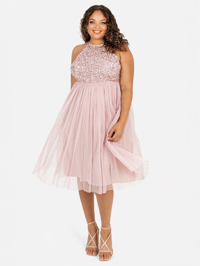 Maya Frosted Pink Embellished Halter Neck Midi Dress