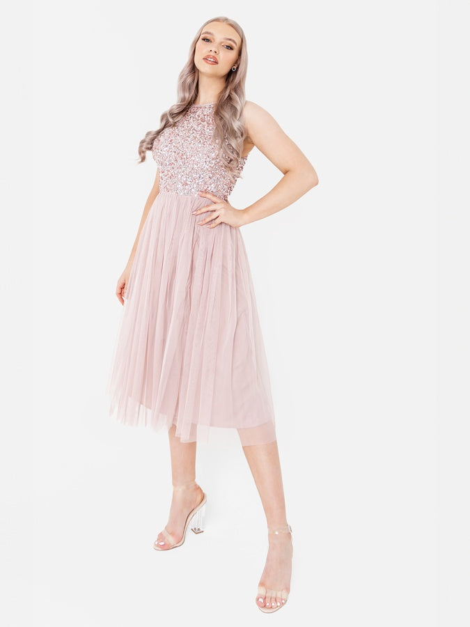 Maya Frosted Pink Embellished Halter Neck Midi Dress