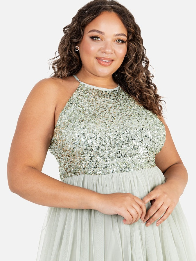 Maya Sage Green Embellished Halter Neck Midi Dress