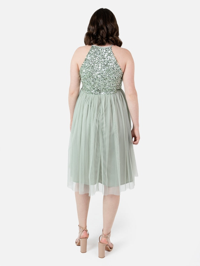 Maya Sage Green Embellished Halter Neck Midi Dress
