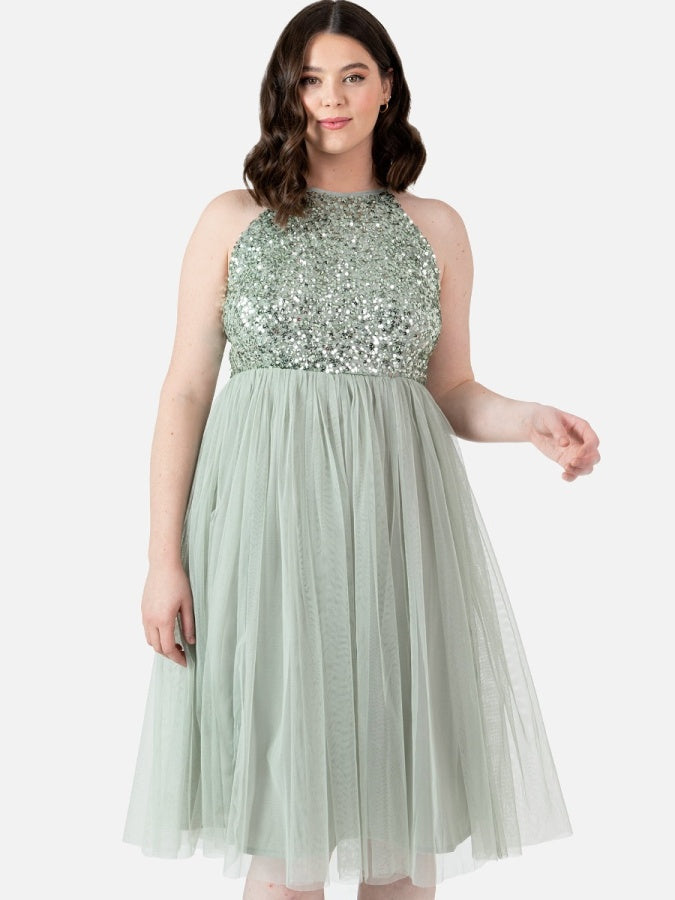 Maya Sage Green Embellished Halter Neck Midi Dress