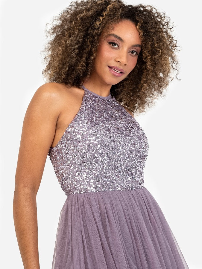 Maya Moody Lilac Embellished Halter Neck Midi Dress
