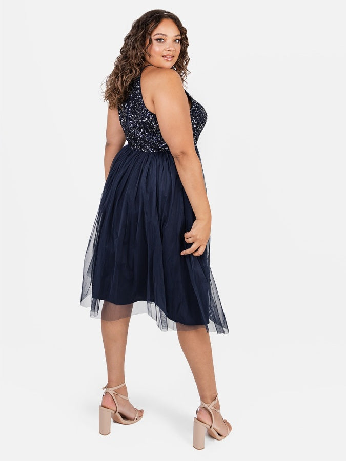 Maya Navy Embellished Halter Neck Midi Dress