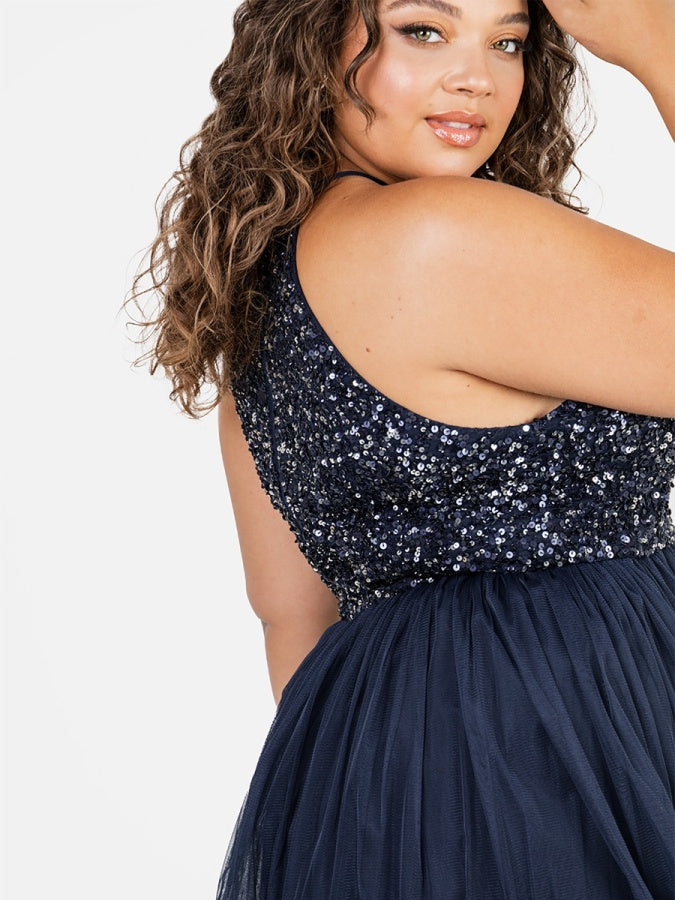 Maya Navy Embellished Halter Neck Midi Dress