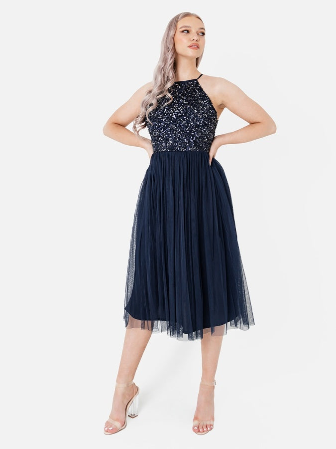 Maya Navy Embellished Halter Neck Midi Dress