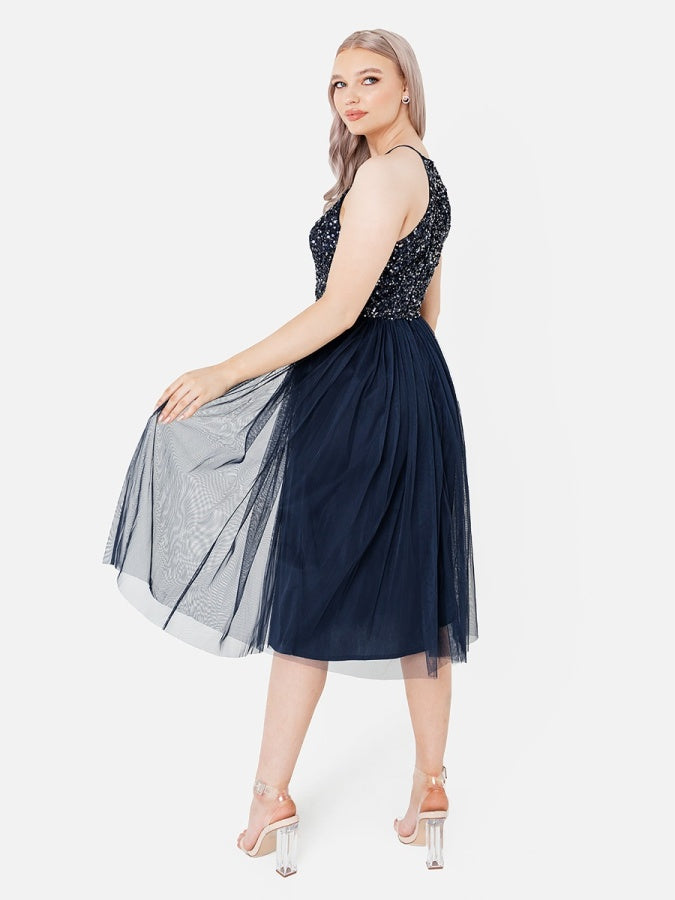 Maya Navy Embellished Halter Neck Midi Dress