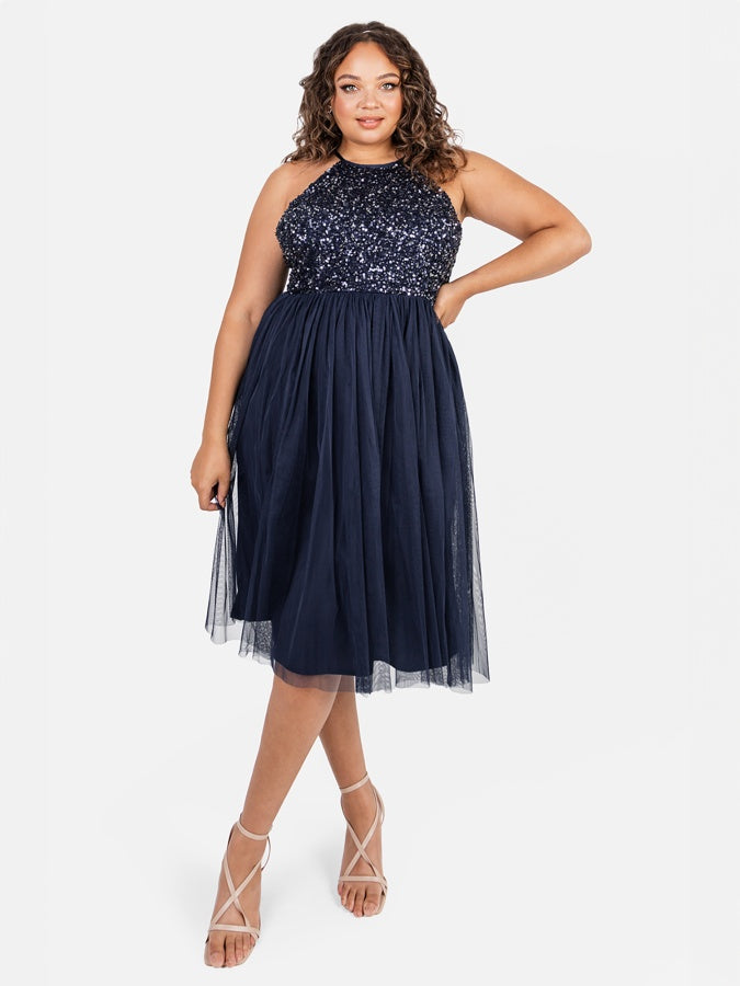Maya Navy Embellished Halter Neck Midi Dress