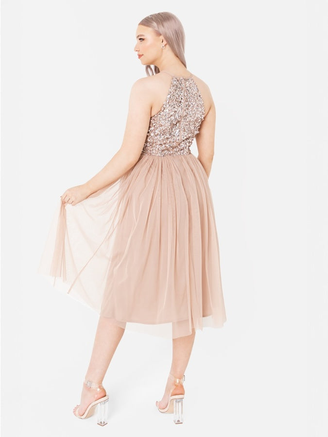 Maya Taupe Blush Embellished Halter Neck Midi Dress