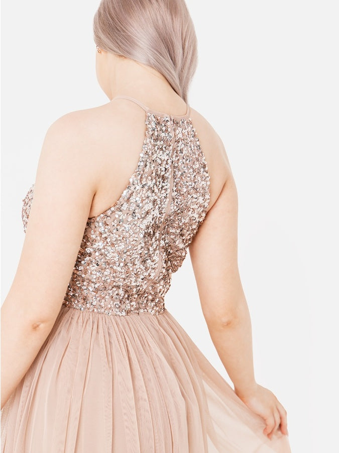 Maya Taupe Blush Embellished Halter Neck Midi Dress