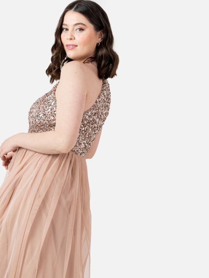Maya Taupe Blush Embellished Halter Neck Midi Dress