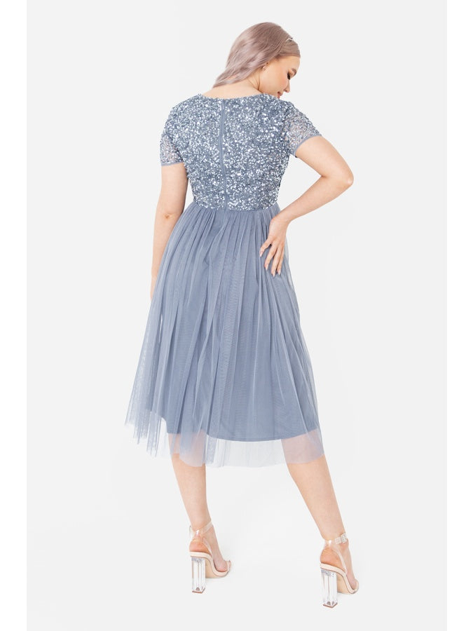 Maya Blue V Neckline Embellished Midi Dress