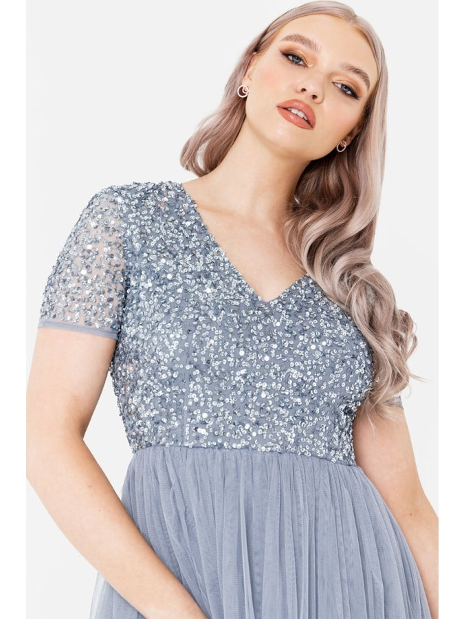 Maya Blue V Neckline Embellished Midi Dress