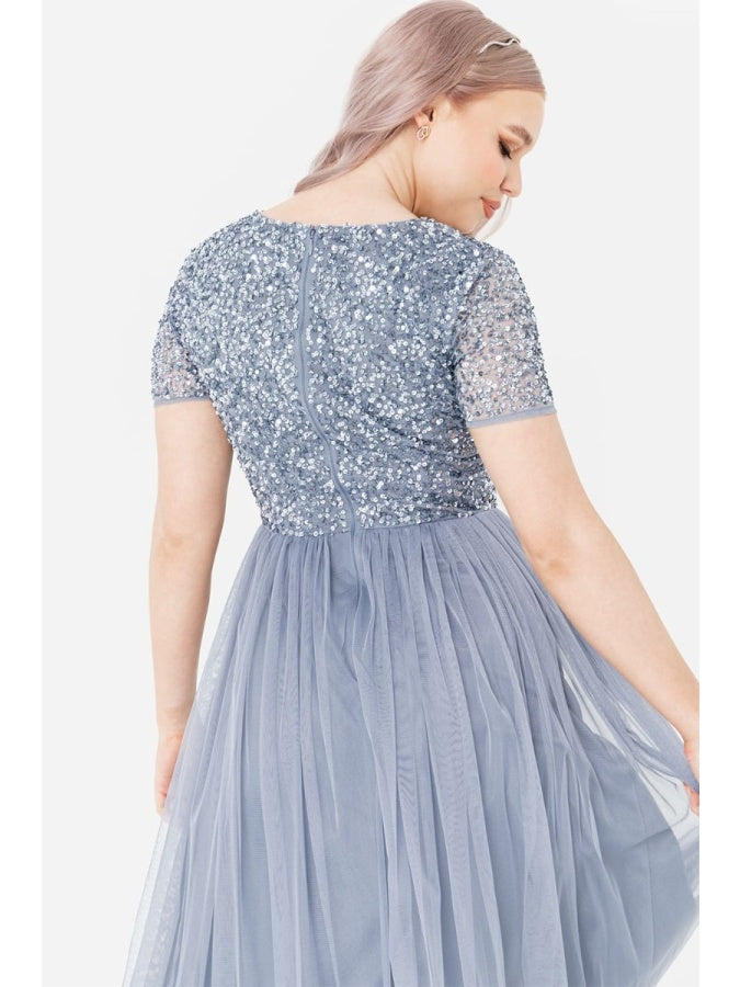 Maya Blue V Neckline Embellished Midi Dress