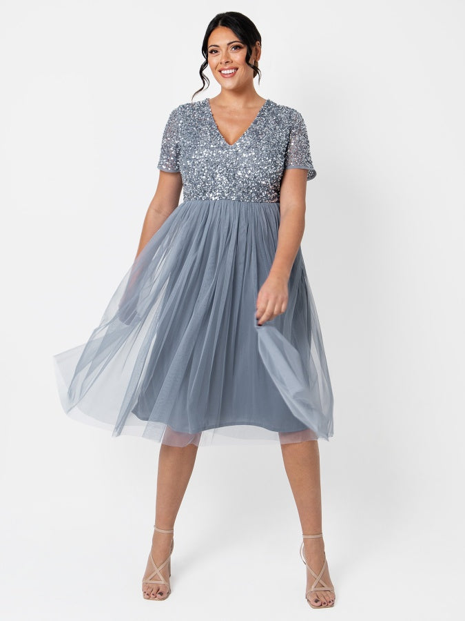 Maya Blue V Neckline Embellished Midi Dress