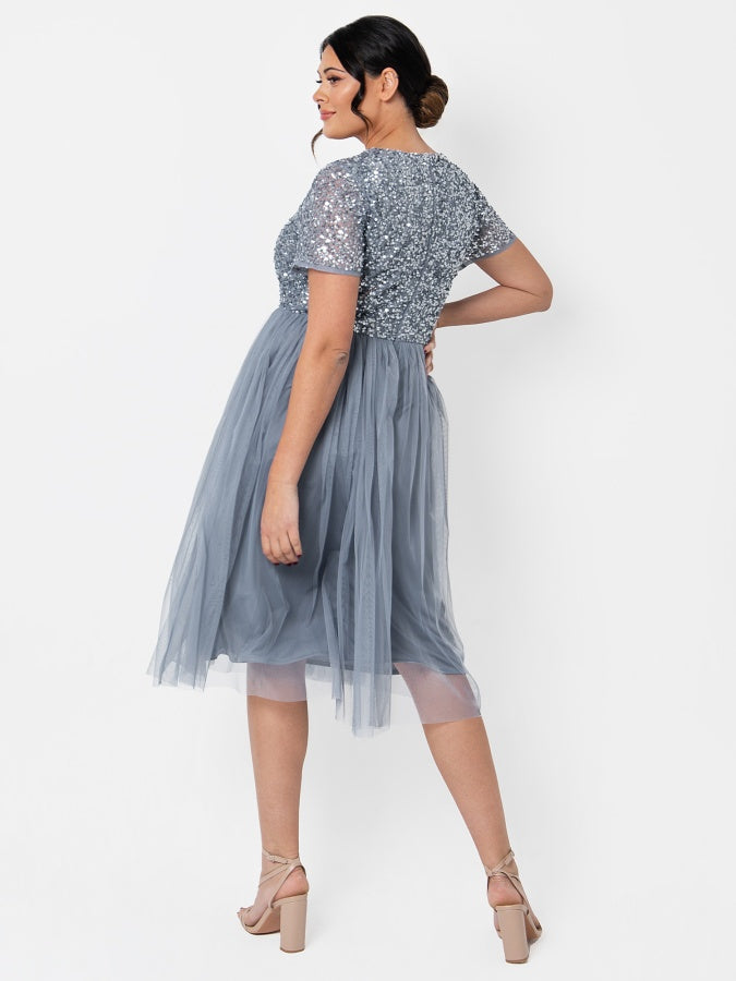 Maya Blue V Neckline Embellished Midi Dress