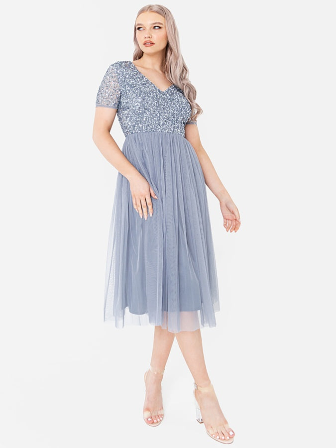 Maya Blue V Neckline Embellished Midi Dress