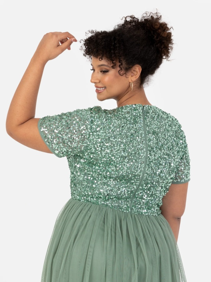 Maya Dark Sage Green V Neckline Embellished Midi Dress
