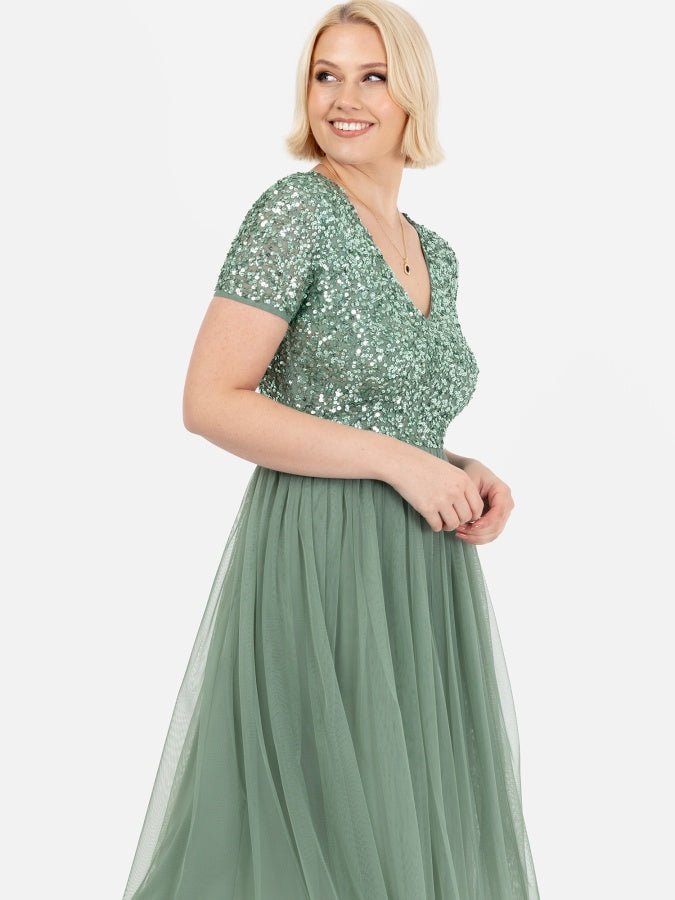 Maya Dark Sage Green V Neckline Embellished Midi Dress
