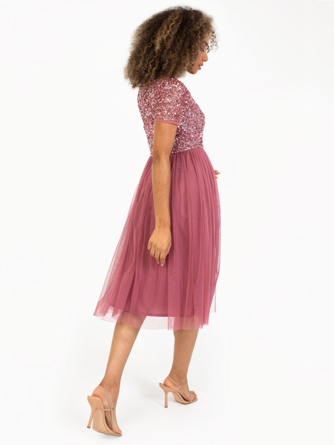 Maya Desert Rose V Neckline Embellished Midi Dress