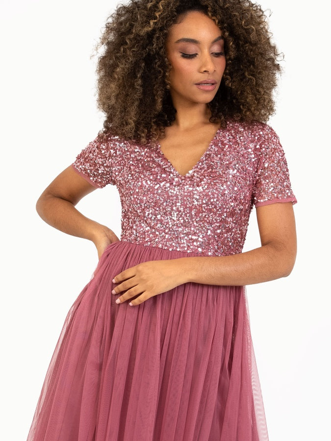 Maya Desert Rose V Neckline Embellished Midi Dress