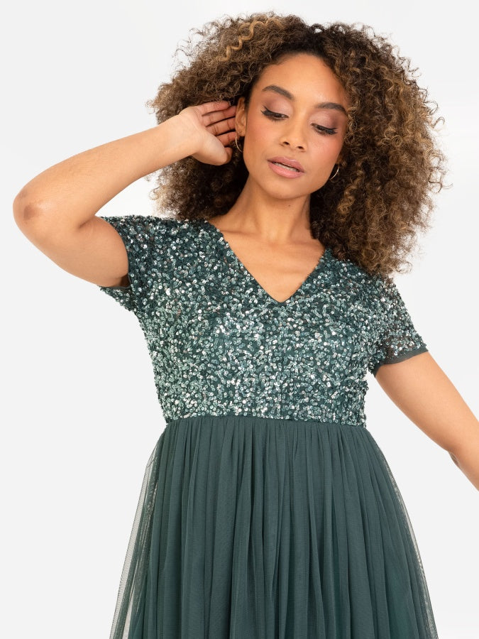 Maya Emerald Green V Neckline Embellished Midi Dress