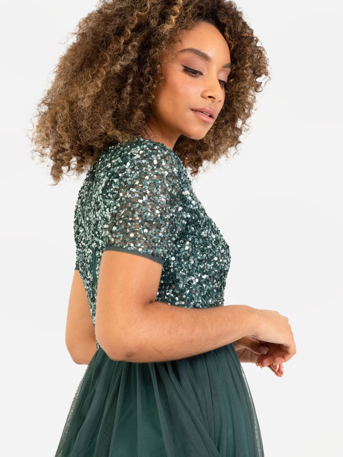 Maya Emerald Green V Neckline Embellished Midi Dress