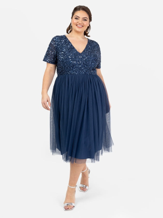 Maya French Navy V Neckline Embellished Midi Dress
