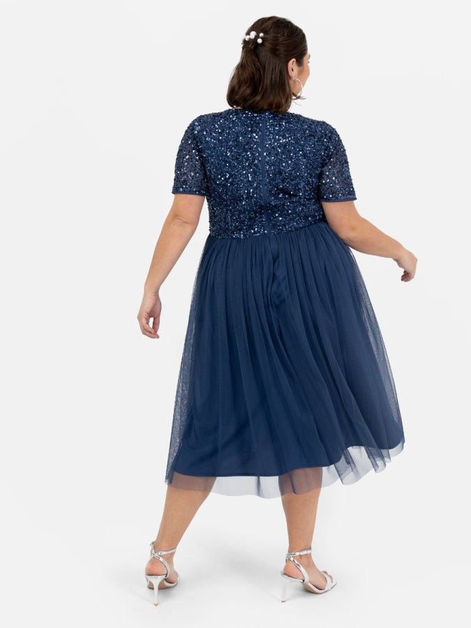 Maya French Navy V Neckline Embellished Midi Dress