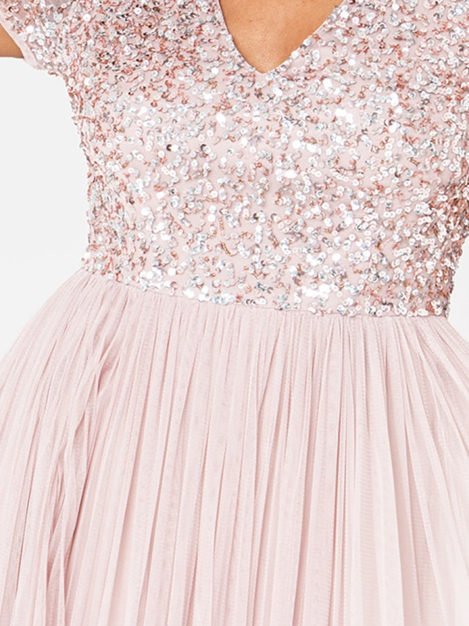 Maya Frosted Pink V Neckline Embellished Midi Dress