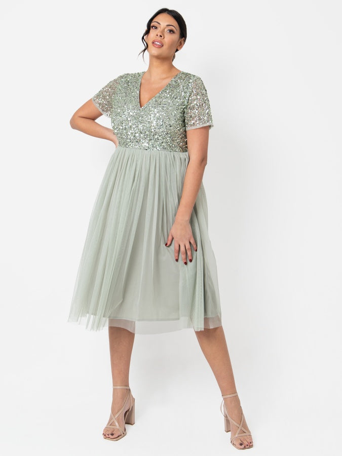 Maya Sage Green V Neckline Embellished Midi Dress