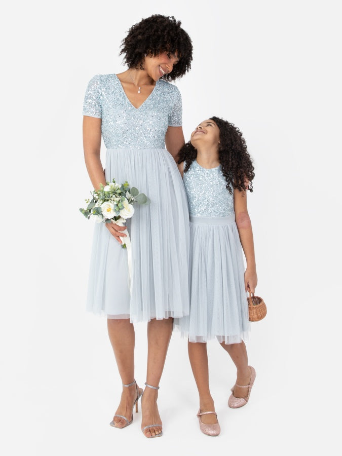 Maya Pale Blue V Neckline Embellished Midi Dress