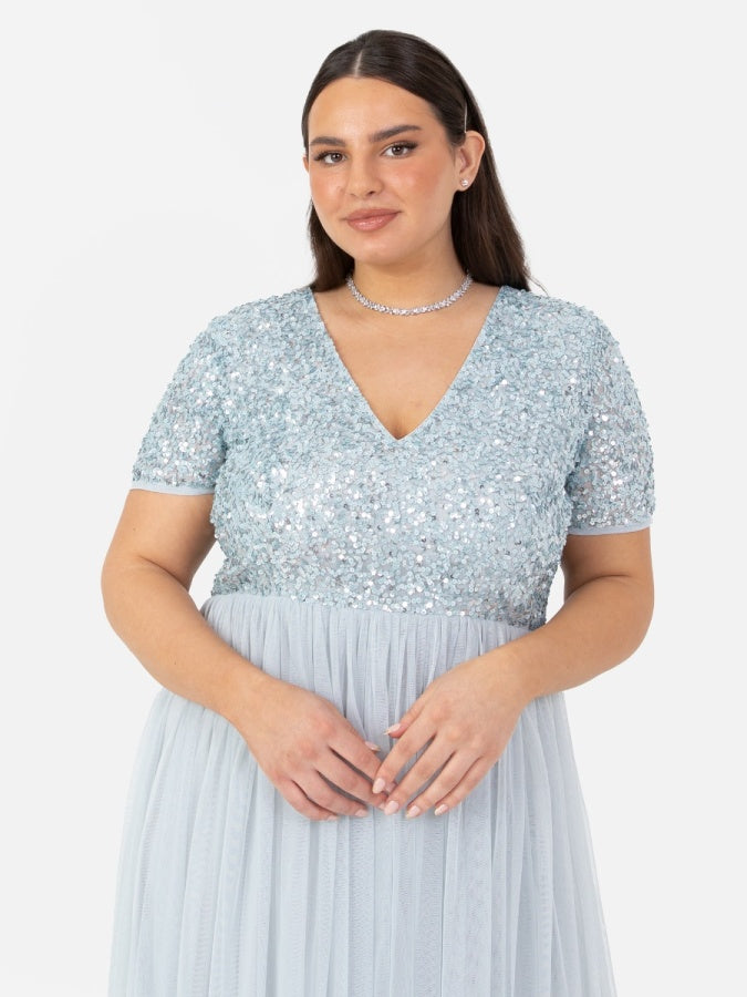 Maya Pale Blue V Neckline Embellished Midi Dress