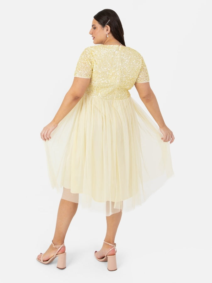 Maya Pale Yellow V Neckline Embellished Midi Dress