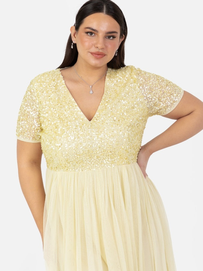 Maya Pale Yellow V Neckline Embellished Midi Dress