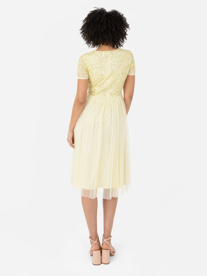 Maya Pale Yellow V Neckline Embellished Midi Dress