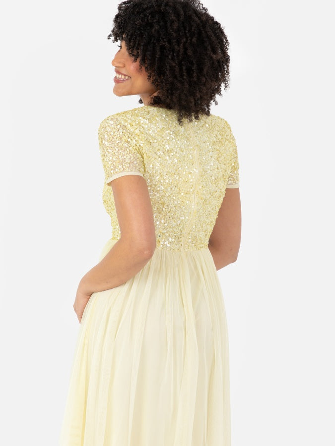 Maya Pale Yellow V Neckline Embellished Midi Dress