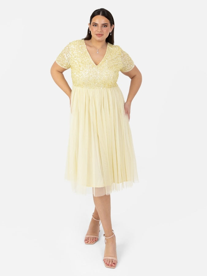 Maya Pale Yellow V Neckline Embellished Midi Dress