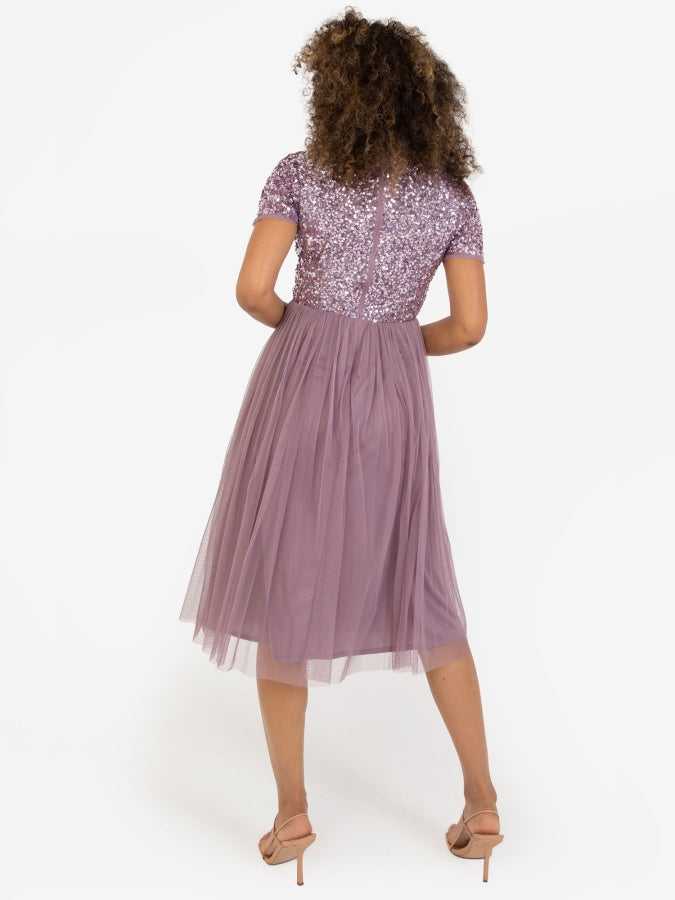 Maya Moody Lilac V Neckline Embellished Midi Dress