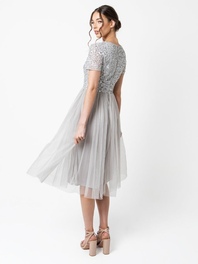 Maya Soft Grey V Neckline Embellished Midi Dress