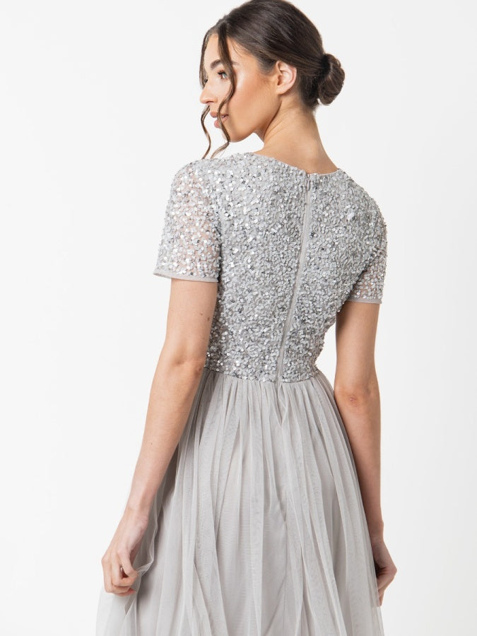 Maya Soft Grey V Neckline Embellished Midi Dress