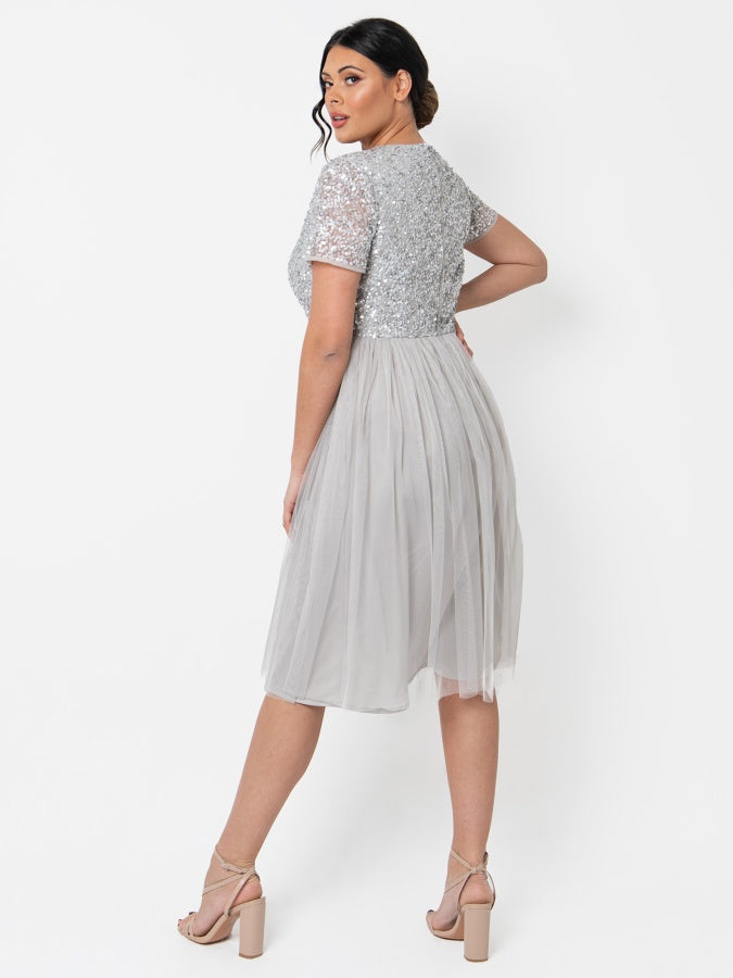 Maya Soft Grey V Neckline Embellished Midi Dress